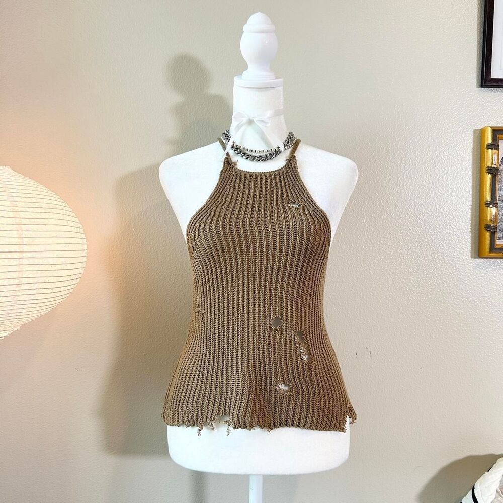 Grungey distressed earthy brown knit halter tank